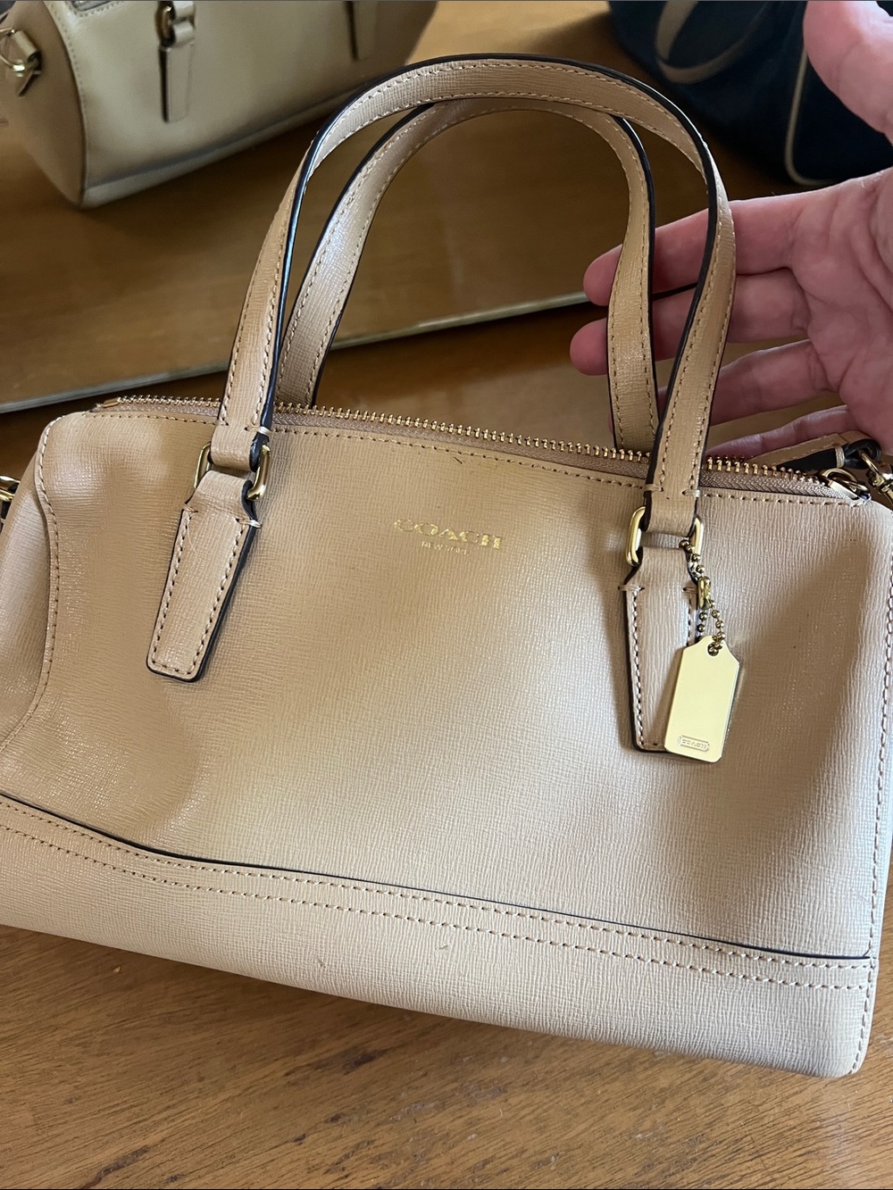 Coach Beige Saffiano Small Satchel with Gold Hardware